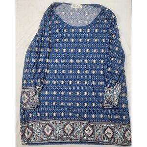 G Collection Women's Dress Size 3X Royal Blue Cream Red Print Long Sleeve G.